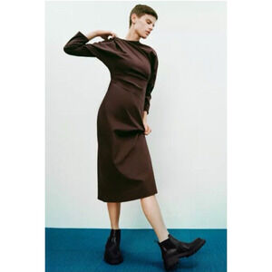 Zara Womens Sz M Ruched Waist Stretch Long Sleeves Brown Midi Dress